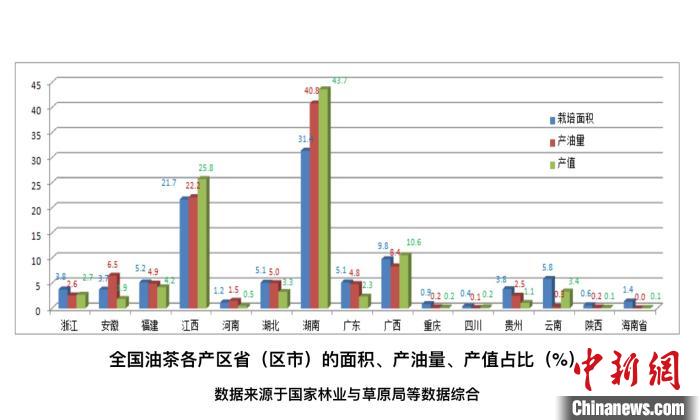 资料图：中国油茶各产区面积、产油量、产值占比。主办方供图